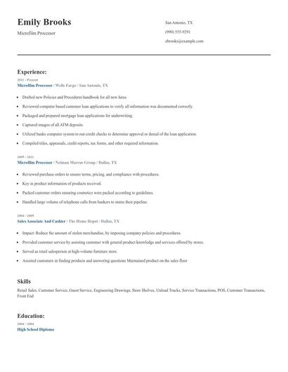 Microfilm Processor Resume