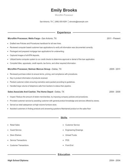 Microfilm Processor Resume