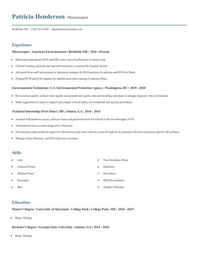Microscopist Resume