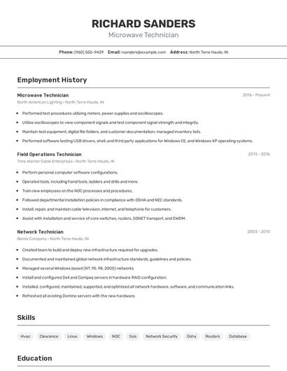 Microwave Technician Resume