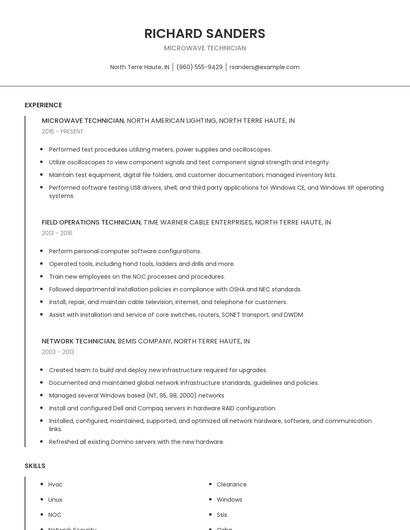 Microwave Technician Resume