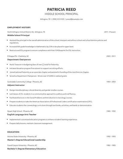 Middle School Principal Resume