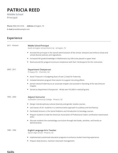 Middle School Principal Resume