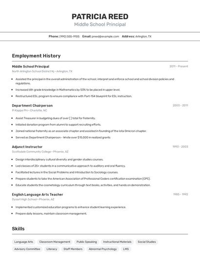 Middle School Principal Resume