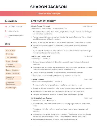 Middle School Principal Resume