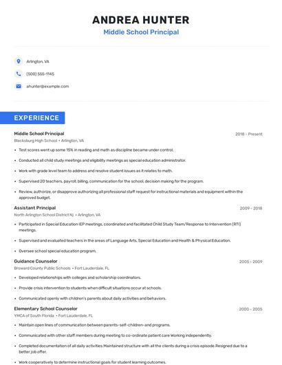 Middle School Principal Resume
