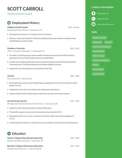 Middle School Principal Resume