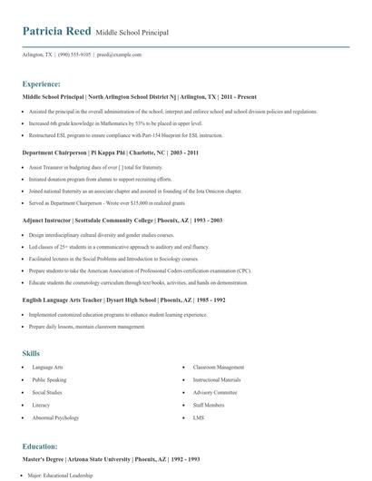Middle School Principal Resume