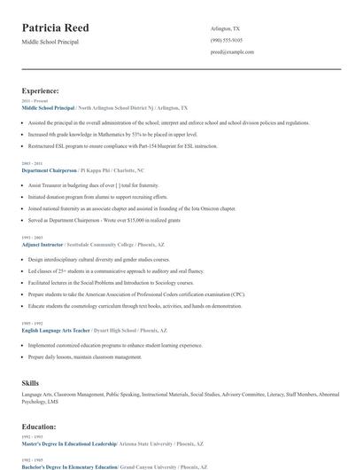 Middle School Principal Resume