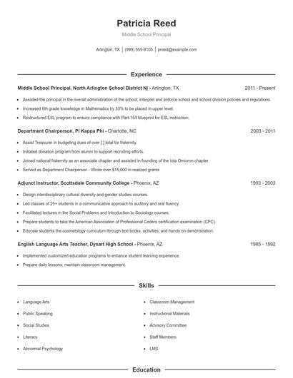 Middle School Principal Resume