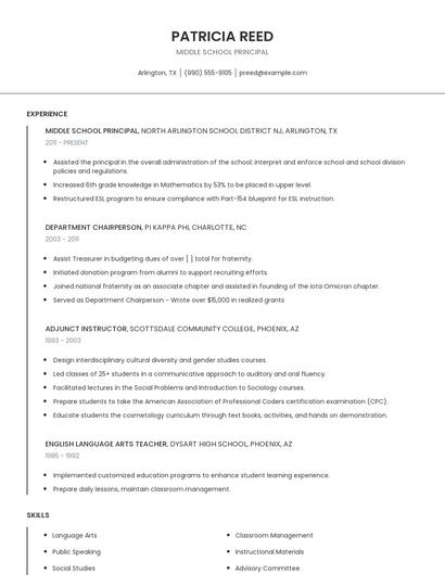 Middle School Principal Resume