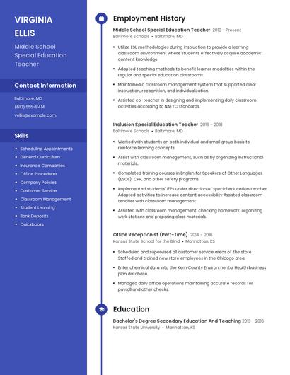 Middle School Special Education Teacher Resume