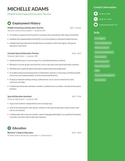 Middle School Special Education Teacher Resume