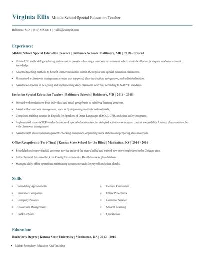Middle School Special Education Teacher Resume