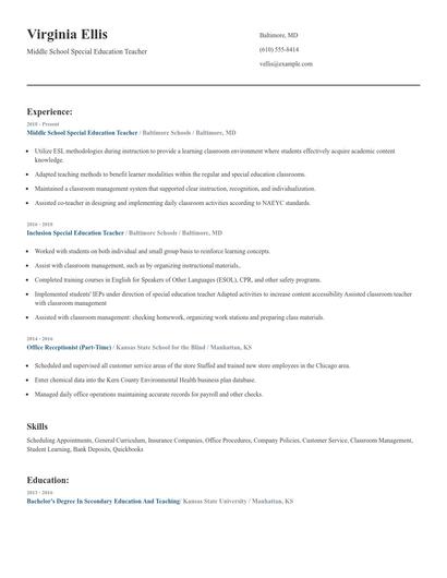 Middle School Special Education Teacher Resume