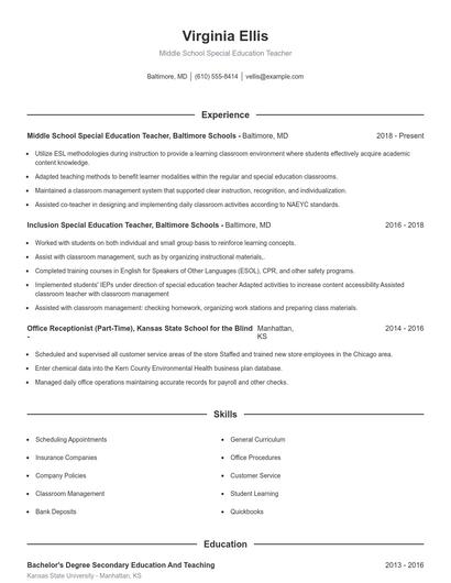 Middle School Special Education Teacher Resume