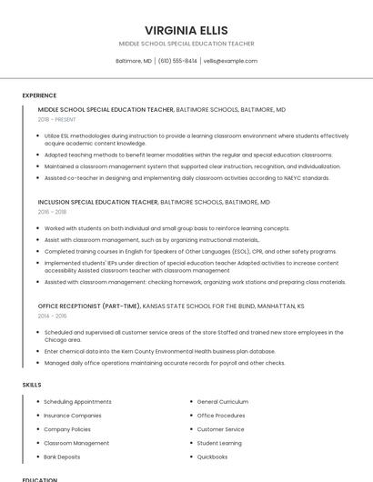 Middle School Special Education Teacher Resume