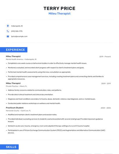 Milieu Therapist Resume