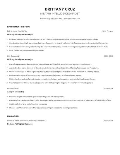 Military Intelligence Analyst Resume