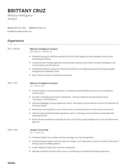 Military Intelligence Analyst Resume