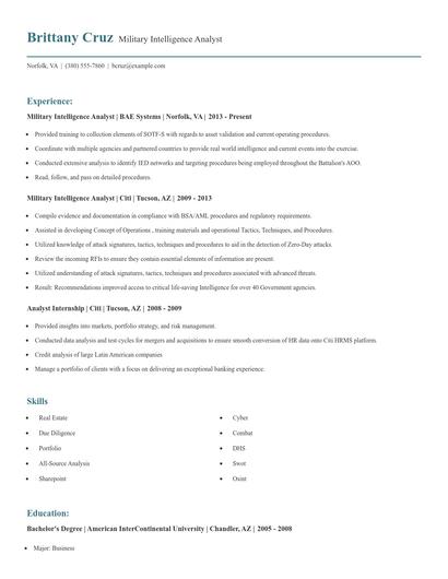Military Intelligence Analyst Resume