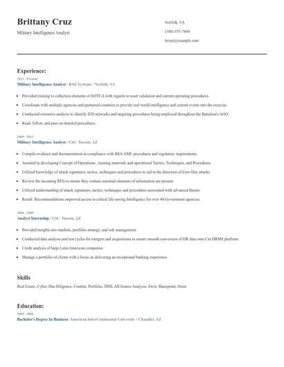 Military Intelligence Analyst Resume
