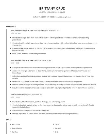 Military Intelligence Analyst Resume