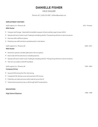 Milk Hauler Resume