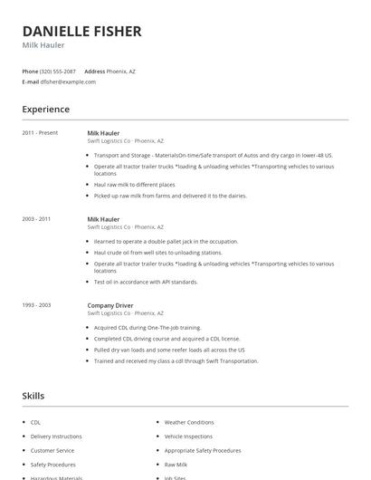 Milk Hauler Resume