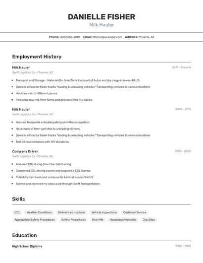 Milk Hauler Resume