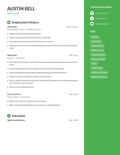 Milk Hauler Resume