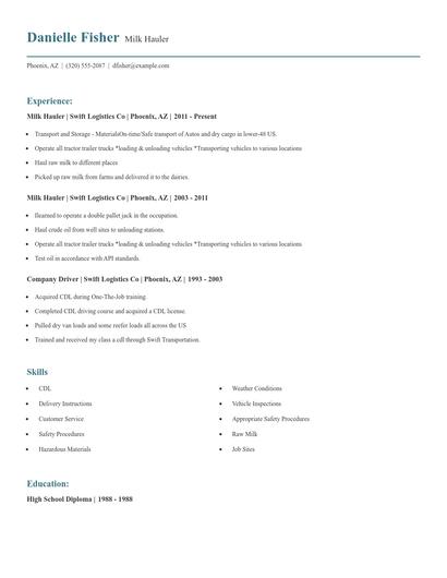 Milk Hauler Resume