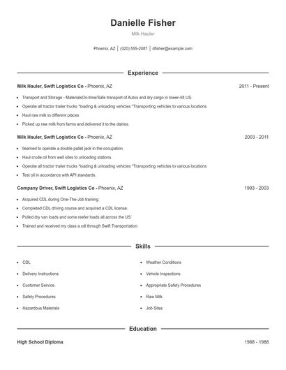 Milk Hauler Resume