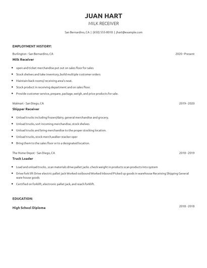 Milk Receiver Resume