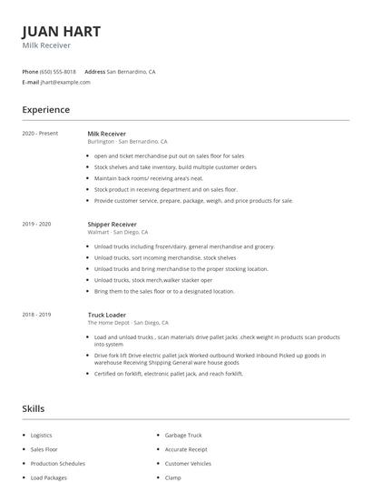 Milk Receiver Resume