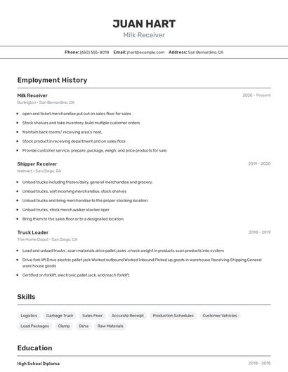 Milk Receiver Resume
