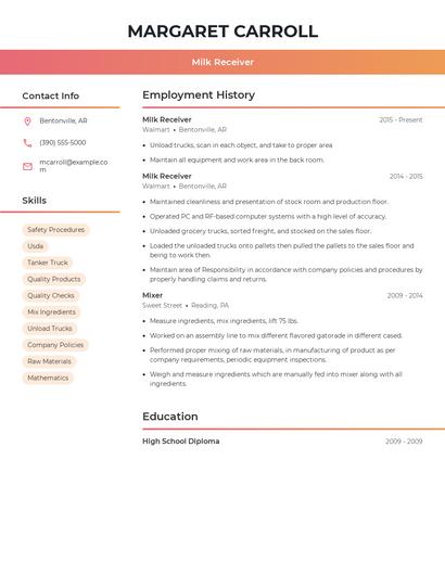 Milk Receiver Resume