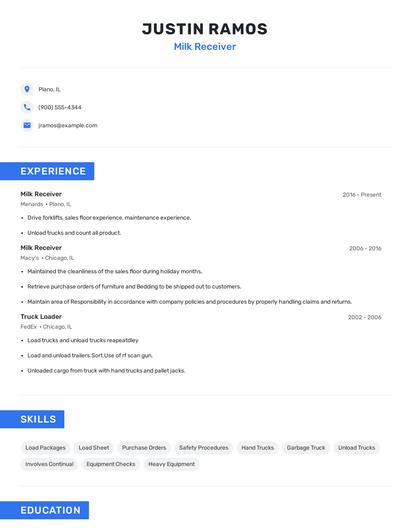 Milk Receiver Resume