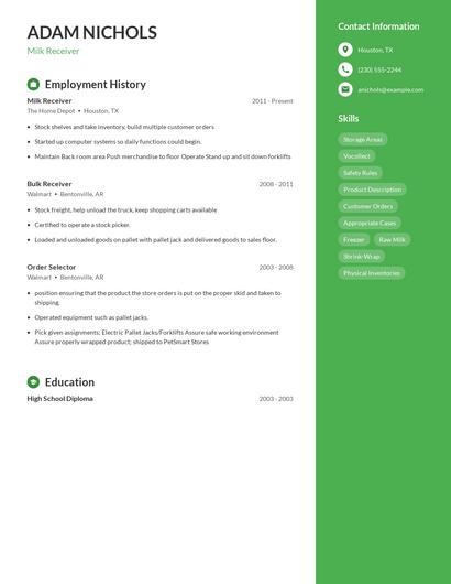 Milk Receiver Resume