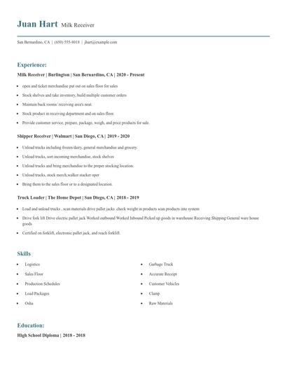 Milk Receiver Resume