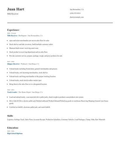 Milk Receiver Resume