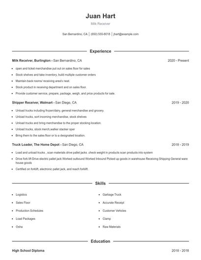 Milk Receiver Resume