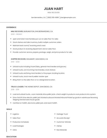 Milk Receiver Resume