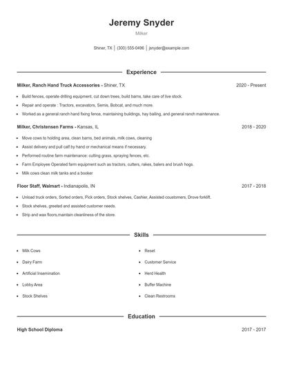 Milker Resume