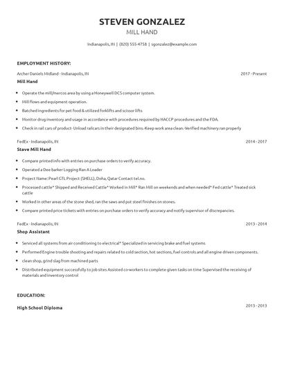Mill Hand Resume