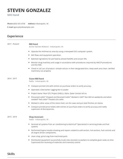 Mill Hand Resume