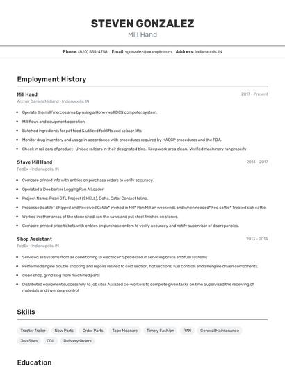 Mill Hand Resume