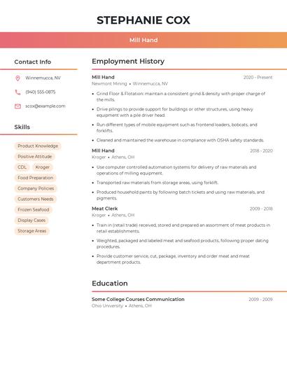Mill Hand Resume
