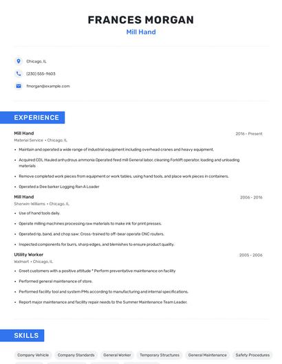 Mill Hand Resume