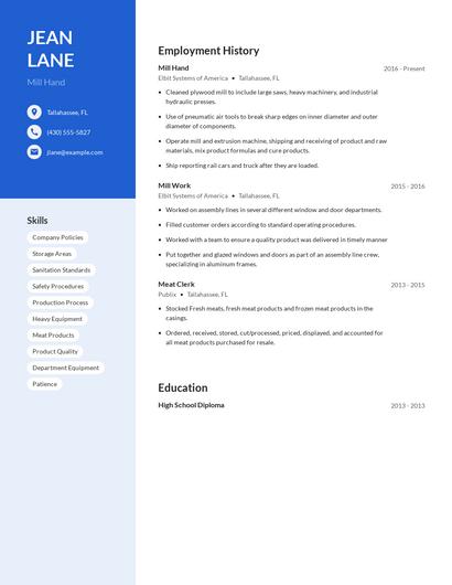Mill Hand Resume